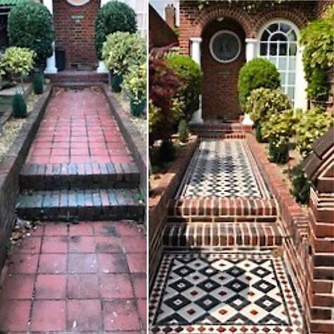 MOSAICS BY POST Front Path Tiles, Brick Steps Front Porch, Front Pathway Ideas, Outdoor Mosaic Ideas, Tiled Porch, London Cottage, Victorian Mosaic Tile, Front Doorstep, Victorian Front Garden