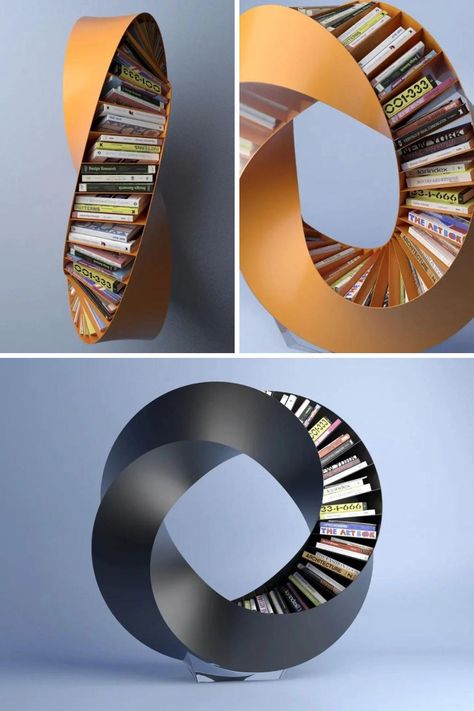 The Hullabaloo is a stand-alone bookshelf that twists and turns in an eclipsing fashion. It’s built by arranging four cuboidal quadrants and twisting them, in order to create a full circle. Aktay calls it ‘a double bent Möbius strip’. In order to make it functional, and a great storage solution, he had to open each quadrant on one side, to create two similar quadrants. The function is fit into the form to create this spectacular furniture design, that seems more like a sculpture. Read More. Circle Furniture Design, Form Follows Function Design, Interesting Product Design, Mobius Sculpture, Illusion Furniture, Unique Furniture Design Creative, Cool Furniture Creative, Organic Bookshelf, Cool Room Accessories