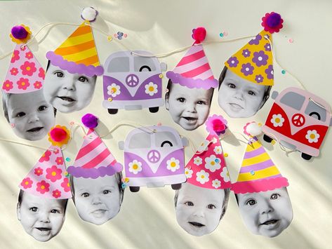 🥳 PHOTO BUNTINGS ARE NOW LIVE 🎊 First up is a Groovy / Flower Power theme bunting. Opt between 2, 4 or 8 different faces to be turned into an 8 head bunting with our cute hats, VW vans and cute Pom poms. Check out my Etsy for more information. Other colours going live soon, but please message if you would like early access 💜 Kid Birthday Party Games, Head Banner, Photo Bunting, Groovy Birthday Party, Groovy Birthday, Birthday Party Games For Kids, Vw Vans, One Year Birthday, Hat Photo