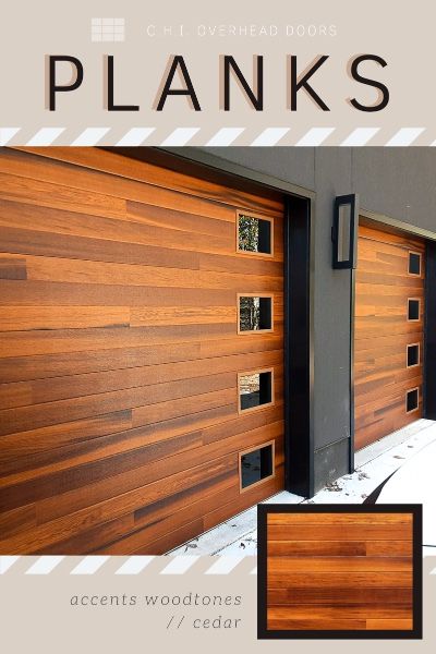 contemporary garage door faux wood planks style Exterior Farmhouse Design Ideas, 3 Car Garage Doors Ideas, Garage Exterior Color Ideas, Garage With Front And Back Doors, Wood Like Garage Doors, Wood On Exterior Of House, Mid Century Modern Garage Door Ideas, Diy Modern Garage Door, Modern Cabin Door