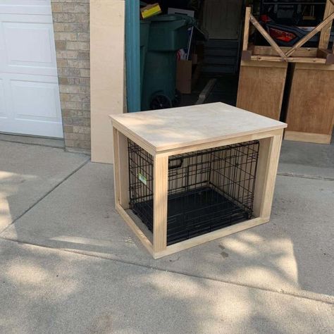 Covers For Dog Crates, Dog Kennel Nightstand Diy, Diy Crate Covers Dog Kennels, Diy Wood Dog Crate Cover, Stacked Dog Crates Diy, Metal Dog Crate Makeover, Wire Dog Crate Makeover, Dog Crate Topper Diy Plans, Wood Dog Crate Cover