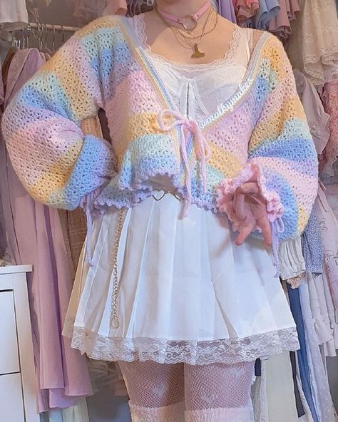 Cute Knitted Cardigan, Pastel Crochet Patterns, Tiffany Cardigan Crochet, Kawaii Crochet Sweater, Pastel Crochet Clothes, Sanrio Crochet Clothes, Crochet Cardigan Cute, Kawaii Crochet Cardigan, Pastel Crochet Cardigan