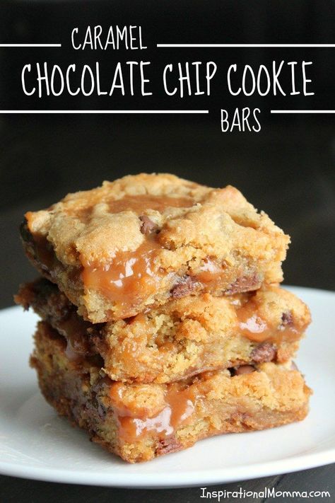 Caramel Chocolate Chip Cookie Bars - A sensational layer of ooey-gooey caramel sandwiched between soft, chewy chocolate chip cookies! #inspirationalmomma #chocolatechipcookies #caramel #dessert #bars #cookies Chocolate Chip Cookie Tart, Caramel Chocolate Chip Cookie Bars, Caramel Chocolate Chip Cookie, Soft Chewy Chocolate Chip Cookies, Caramel Dessert, Bars Cookies, Chocolate Chip Pudding, Chocolate Chip Pudding Cookies, Caramel Chocolate Chip Cookies