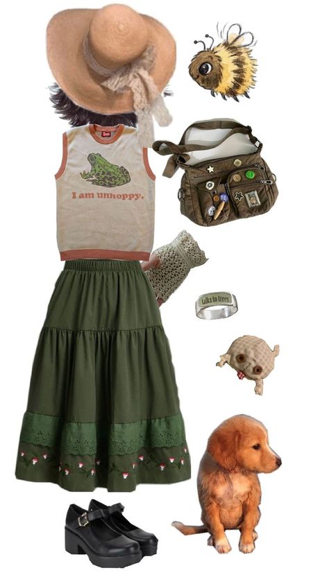 #goblincore #dress #tshirt #frog #skirt #dog #girl Frog Outfit Aesthetic, Goblincore Dress, Frog Tshirt, Dog Girl, Goblin Core, Frog And Toad, Outfits Aesthetic, Girl Outfits, Skirt