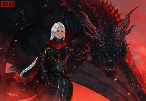 Visenya Targaryen and her dragon Aurion by cat baiyun (Twitter: @baiyun_cat). Illustration for fanfiction "Nothing else matters" (Aemond × OC). Targaryen Dragons Art, Aemond Targaryen X Oc, Visenya Targaryen Fanart, Visenya Targaryen Art, House Of The Dragon Oc, Visenya Targaryen, Game Of Thrones Artwork, Got Dragons, Arte Peculiar