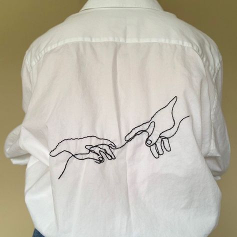 Button Up Shirt Embroidery Ideas, White Blouse Painting Ideas, White Button Down Shirt Embroidery, Trendy White T-shirt With Custom Embroidery, Casual Hand Painted Crew Neck T-shirt, Diy Clothes Hacks, Embroidered Shirt Dress, Abstract Shirt, Painted Clothes Diy