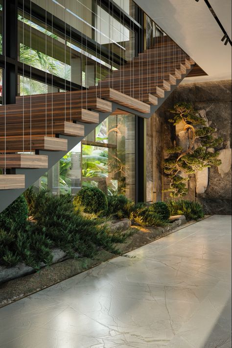 Stairs design with bonsai by OLT Design Staircase Garden Indoor, Garden Below Staircase, Under Stairs Ideas Garden, Staircase Under Design, Garden Under Staircase, Garden Under Stairs Indoor, Under Stairs Garden, Stairs Atrium, Nature Staircase