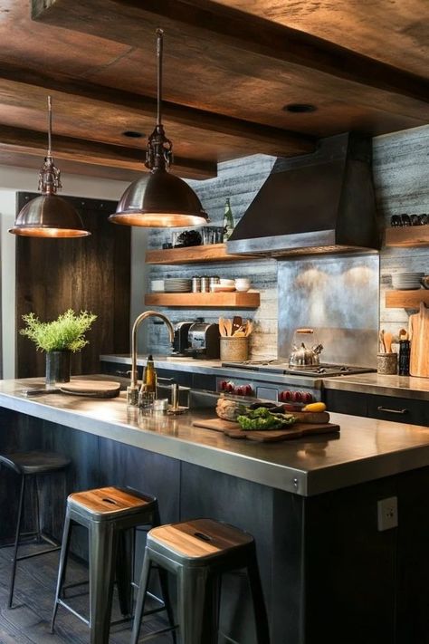 "Add character and edge to your kitchen with a Modern Industrial design! 🍳🏭 A great way to create a space that's both functional and stylish. 🌿✨ #ModernKitchen #IndustrialDesign #HomeInspiration" Kitchen Design Industrial Modern, Industrial Inspired Kitchen, Industrial Kitchen Lights, Pub Style Kitchen, Industrial Farmhouse Kitchen Design, Industrial Interior Design Kitchen, Industrial Kitchen Design Ideas, Industrial Craftsman Style, Industrial Kitchen Ideas