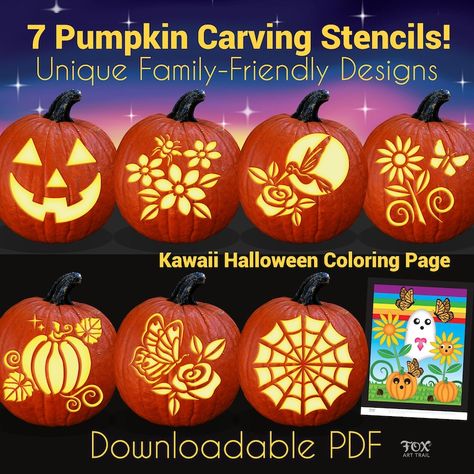 Downloadable pumpkin carving stencils set of 7 (Bee with 6 petal flowers, Symmetrical Spiderweb, Butterfly with Rose, Hummingbird with Rose, Small Butterfly with Sunflower, Long Island Cheese Pumpkin & Classic Face) Comes with a Cute Kawaii styled Halloween Coloring Page with Googly Eyed Characters (Ghost, Jack-O-Lantern Face, and Sunflower) for your perhaps younger, non-carving child. Spiderweb Butterfly, Butterfly With Sunflower, Pumpkin Carving Stencils, Cute Pumpkin Carving, Carving Stencils, Jack O Lantern Faces, Cheese Pumpkin, People Having Fun, Pumpkin Carvings Stencils