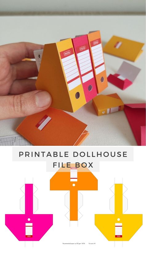 Organizing your dollhouse has never been more fun! Once you've printed the template on sturdy paper, cut and fold along the marked lines to create your mini office file boxes and document folders. Get creative with different colors to suit your personal style. These cute DIY paper miniatures will bring order and character to any space in your dollhouse. Miniature Paper Printables, Printable Folder Template, Miniature Projects Ideas, Dollhouse Miniatures Diy Printables, Colorful Paper Crafts, Miniature Boxes Printable, Diy Paper Miniatures, Paper Printable Crafts, File Folder Crafts