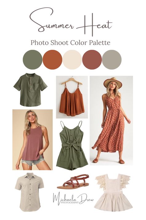 These styles and colors are perfect for summer photo sessions! Want more tips and resources to help you decide on what to wear for your next session? Check out my blog! Photoshoot Style Ideas Outfit, What To Wear Guide Photography, Rust Family Photo Outfits Summer, Earth Tone Family Pictures Outfits Summer, Sage And Blush Family Photos, Style Guide Photoshoot, Summer Color Palette Photoshoot, Summer Family Photos Color Scheme, Summer Photoshoot Color Scheme