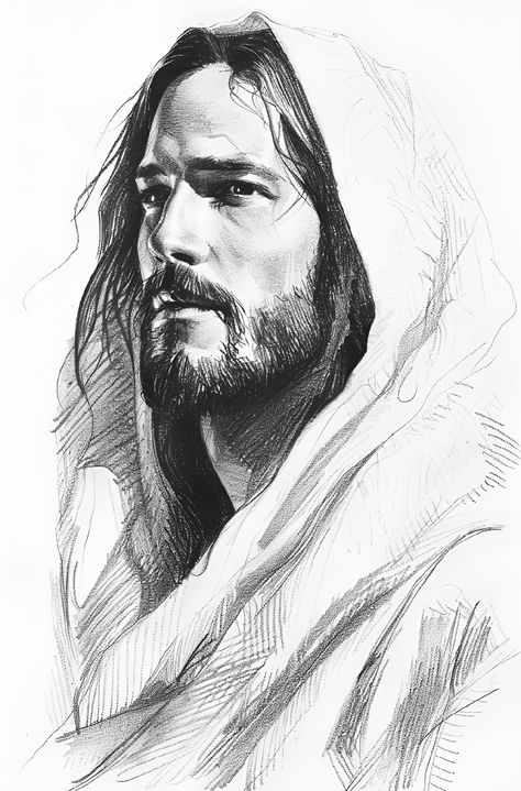 Preach God's word and follow Him! Dive into this stunning black and white pencil drawing of a bearded man with long hair, donning a hooded cloak. Reflect upon Luke 9:23, "Then he said to them all: 'Whoever wants to be my disciple must deny themselves and take up their cross daily and follow me.'" Save this divine artistry and follow for more inspirational Christian art! #JesusVerse #FaithArt #ChristianInspiration #BibleVerse #ArtWithPurpose #FollowJesus Biblical Sketches Easy, Hooded Cloak Drawing, Hooded Drawing, God Pencil Sketch, Christian Drawings Pencil, Jesus Christ Black And White, Jesus Pencil Drawing, Christian Drawings Inspiration, Christian Drawing Ideas