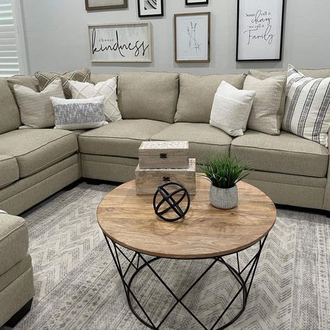 Small Living Room Sectional Layout With Coffee Table - Soul & Lane Living Room Sectional Layout, Small Living Room Sectional, Wood Frame Gallery Wall, White And Gray Rug, Black Metal Coffee Table, Grey Sectional Couch, Sectional Layout, Sectional Living Room Layout, Sectional Coffee Table