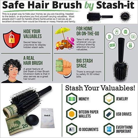 Hair Brush Diversion Safe Stash with Smell Proof Bag by Stash-it - Can Safe - Secret lid on top Opens to Store Your valuables!: Amazon.co.uk: DIY & Tools Smell Proof Bag, Money Jewelry, Diversion Safe, Hide Money, Hidden Safe, Safety Box, Key Safe, Safe Box, Key Storage