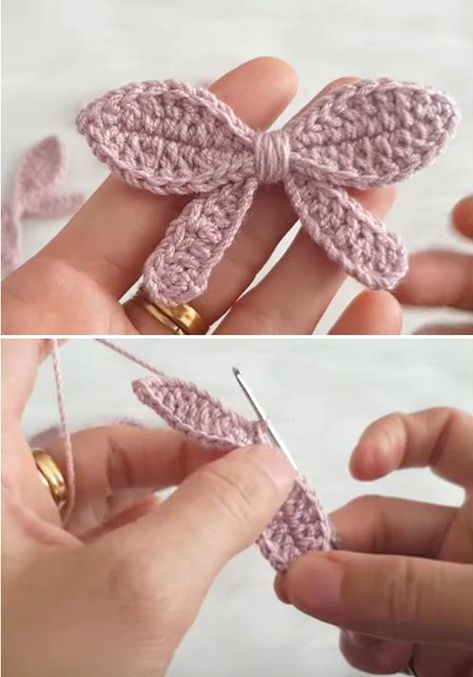 Knitted Bow, How To Crochet A Bow, Crochet Hair Bows Free Pattern, Crochet Ears, Bow Crochet, How To Crochet A Bow Step By Step, Crochet Ribbon, Crochet Bow, Crochet Tiny Bow Free Pattern