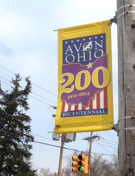 In celebration of Avon, Ohio's bicentennial (1814 to 2014) these banners with the official bicentennial logo have been installed on telephone poles in the French Creek District ! Bicentennial Celebration Ideas, Light Pole Banner Design, City Welcome Sign Design, Chamber Events, Pole Banners, Community Service Ideas, Street Banners, Town Ideas, Banner Ideas