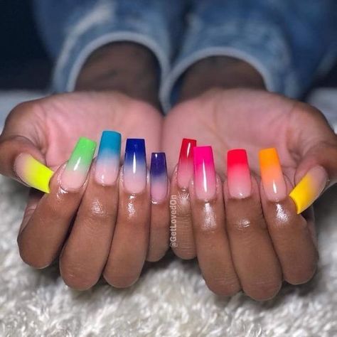 Glitter Rainbow Nails, Rainbow Ombre Nails, Rainbow Nail Art Designs, Bright Summer Acrylic Nails, Nail Art Simple, Rainbow Nails Design, Rainbow Nail Art, Glitter Rainbow, Colorful Nail