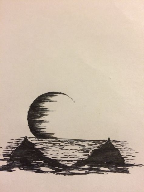 Quick sketch - pilot pen - moon caressing horizon Indian Ink Art Ideas, Horizon Inktober, Horizon Sketch, Horizon Drawing, Boat Sketch, Sunset Drawing, Pilot Pen, Inktober 2024, Art Plan