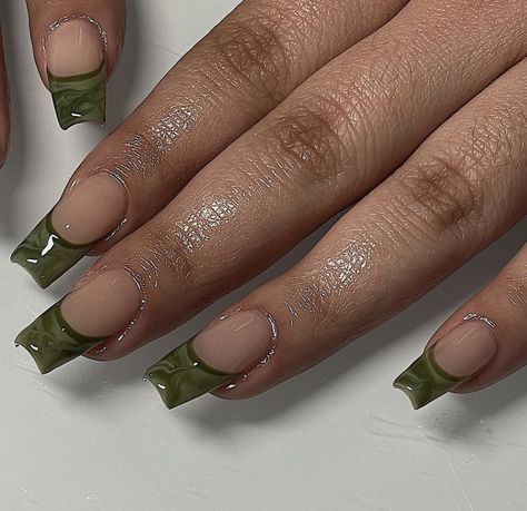 Classy But Edgy Nails, Olive French Tip Nails, Green Nail Designs Square, Jade Green Nails Acrylic, Green Acrylic Nails, Nagel Inspo, Birthday Nails, Square Acrylic Nails, Dream Nails