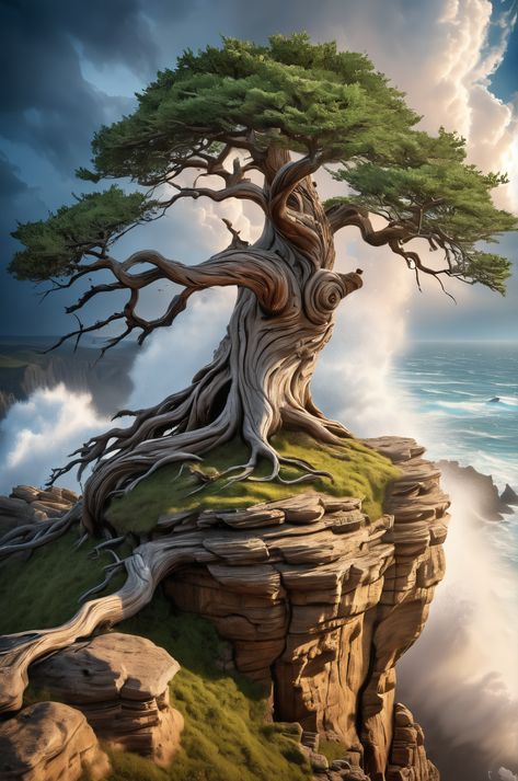 A breathtaking 8K VR depiction of an ancient tree standing atop a windswept cliff, overlooking a canyon. This image symbolizes resilience, adaptability, and the timeless wisdom of nature. #Resilience #Nature #VR #DigitalArt Vr Artwork, Tree On A Cliff, High Contrast Photography, Contrast Photography, Ancient Tree, Life Challenges, High Contrast, Stand Tall, Desktop Wallpaper