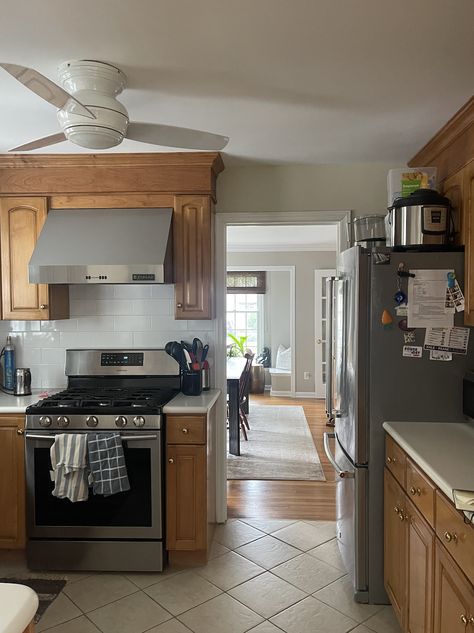 After Solving for Bad Fridge Feng Shui and an Awkward Door, This Kitchen Now Has Good Flow Stove At End Of Counter Run, Fridge Next To Sink Kitchen, Fridge By Sink, Refrigerator Next To Sink, Fridge Next To Sink, Fridge Next To Stove, Pocket Cabinet Doors, Pocket Cabinet, Side Of Fridge