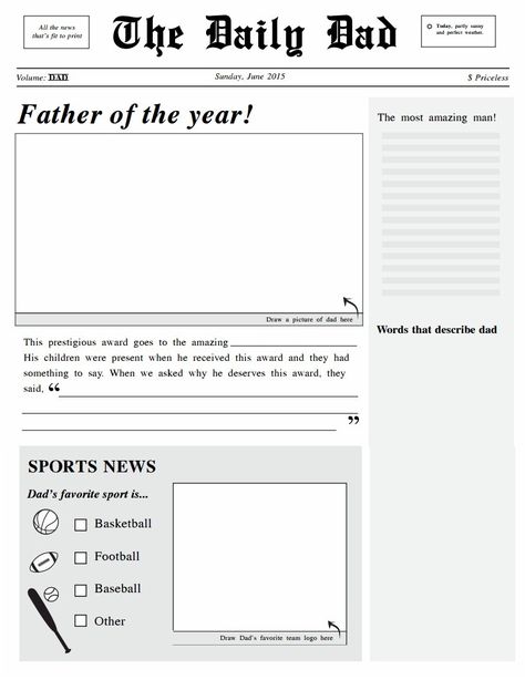 Your Headliner Dad Newspaper will put in print for all to see all the things that are special about Dad on Father's Day. Every Dad deserves some recognition Crafts Teens, Teen Diy, Babysitting Ideas, Newspaper Background, Fathersday Crafts, Father's Day Activities, Children's Library, Newspaper Layout, Thanksgiving Dishes