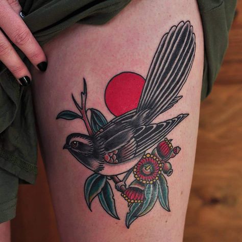 Wagtail Bird Tattoo – Vic Market Tattoo Kea Bird Tattoo, Willie Wagtail Tattoo, Willy Wagtail Tattoo, Wagtail Tattoo, Jb Tattoo, Wagtail Bird, Songbird Tattoo, Willy Wagtail, Colourful Tattoo