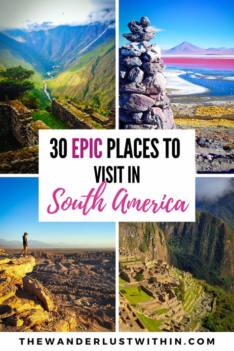 Looking for South America destinations to visit? This post contains information on the best places to in South America to travel to, like Machu Picchu, Peru, Bolivia, Easter Island, the Galapagos islands, Brazil, Rio de Janeiro, Colombia, Chile, Patagonia, Argentina and Ecuador. Best Places To Travel In South America, Best Places To Visit In South America, South America Honeymoon, South America Trip, America Holiday, South America Travel Route, South America Travel Photography, Chile Patagonia, South America Travel Itinerary