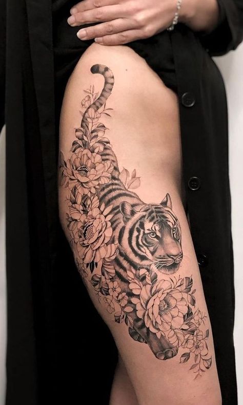 Tiger And Scorpion Tattoo, Japanese Tiger Cherry Blossom Tattoo, Tiger On Leg Tattoo, Tiger Thigh Tat, Thigh Tiger Tattoo Women, Hip Tiger Tattoo, Tiger Tattoo On Hip, Tiger On Hip Tattoo, Tiger Tattoo Flowers