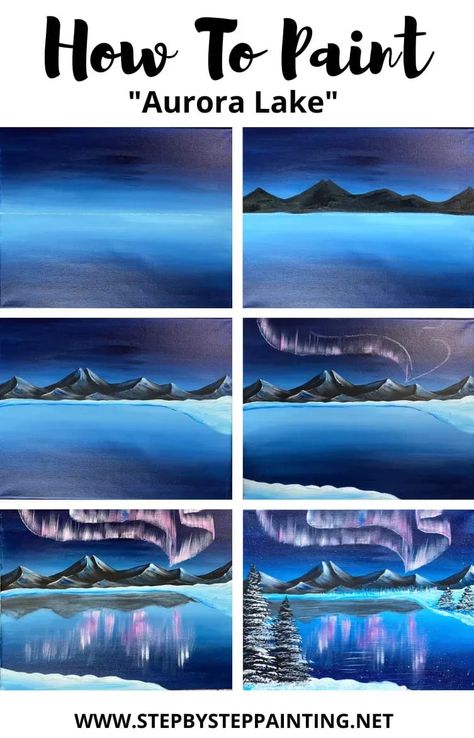 Lake Painting Easy Step By Step, Step By Step Canvas Painting Easy, Step By Step Painting Christmas, Lake Acrylic Painting, Northern Lights Art, Aurora Sky, Northern Lights Painting, Mountain Painting, Brush Trees