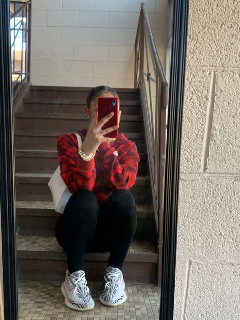 Red Bape Hoodie Outfit, Bape Hoodie Outfit Girl, Bape Hoodie Outfit, Red Hoodie Outfit, Girl Hoodie Outfit, Bape Outfits, Yeezy Outfit, Bape Hoodie, Boujee Outfits