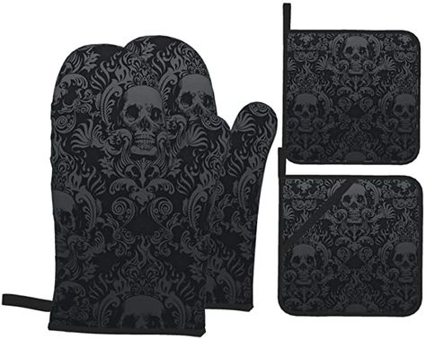 Goth Kitchen, Gothic Kitchen, Skull Rug, Black Ovens, Oven Mitts And Pot Holders, Bbq Gloves, Heat Resistant Gloves, Goth Home Decor, Goth Decor