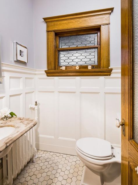 Rehab Addict, Nicole Curtis, White Wainscoting, Bad Inspiration, Small Bathroom Makeover, Bathroom Remodel Master, Sink In, Wainscoting, Small Bathroom Remodel