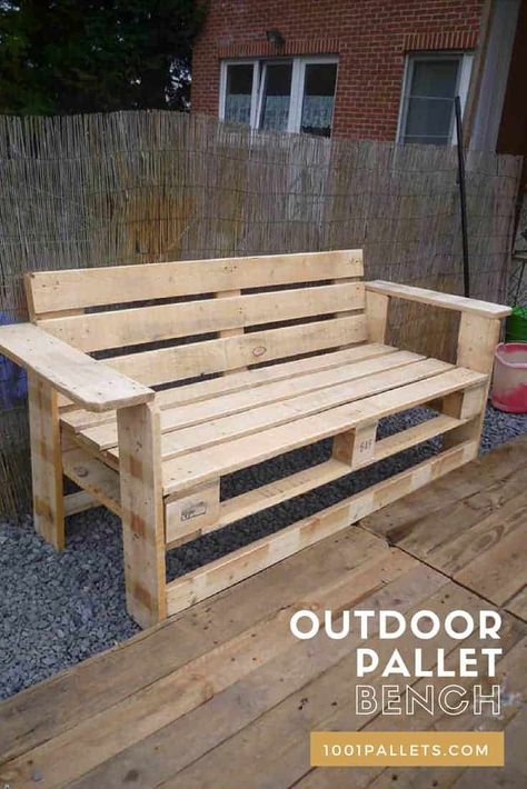 Outdoor Pallet Bench • 1001 Pallets Pallet Bench Outdoor, Pallet Bank, Chairs Diy, Outdoor Storage Bench, Pallet Chair, Dorm Room Diy, Pallet Bench, Wooden Pallet Furniture, Pallet Sofa