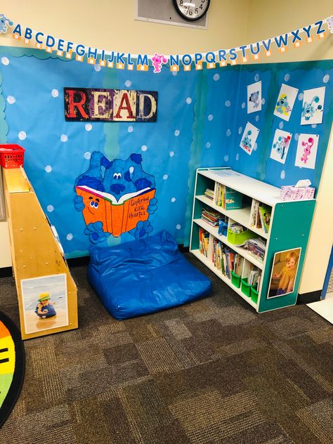 Blues Clues Prek Classroom Blues Clues Classroom Theme, Blue Themed Classroom, Peach Room, Peach Rooms, Blue Clues, Prek Classroom, Blues Clues, Classroom Door, Reading Corner