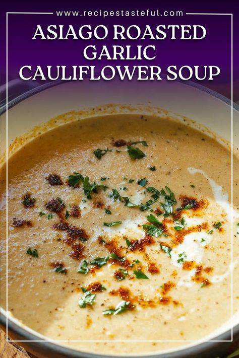 This creamy, velvety Asiago Roasted Garlic Cauliflower Soup is the perfect comfort food. Roasted cauliflower and garlic form the rich, savory base, while grated Asiago cheese adds a delightful depth of flavor. Finished off with a crispy, crunchy quinoa and seed topping, this soup is hearty enough for lunch or dinner, yet light and nutritious. Asiago Soup, Roasted Garlic Cauliflower Soup, Garlic Cauliflower Soup, Crunchy Quinoa, Garlic Cauliflower, Creamy Cauliflower Soup, Roasted Cauliflower Soup, Light Soups, Quinoa Soup