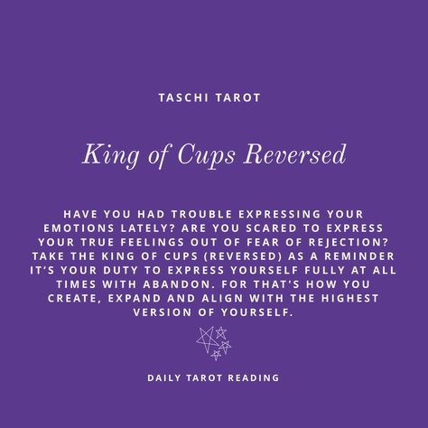 Have you had trouble expressing your emotions lately? Are you scared to express your true feelings out of fear of rejection? Take the King of Cups (reversed) as a reminder it’s your duty to express yourself fully at all times with abandon. For that's how you create, expand and align with the highest version of yourself.  If you read this message today then it was meant for you 👉  🌜Follow me on Instagram for more daily tarot readings!🌛 King Of Cups Reversed Tarot Meaning, King Of Cups Reversed, King Of Cups Tarot, Highest Version Of Yourself, Fear Of Rejection, King Of Cups, Tarot Reading Spreads, Highest Version, Daily Tarot Reading