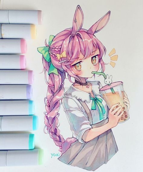 giant boba _(:з」∠)_ A Drawing, An Anime, A Girl, Tea, Hair, Anime, Pink, Instagram