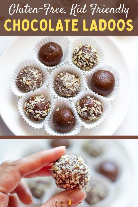 These Chocolate Ladoos take only 25 minutes to make, and have just 4 main ingredients! | Indian Dessert Recipe | Almond Chocolate Truffles | Kid friendly healthy dessert | Tiana Food, Almond Truffles, Easy Indian Sweet Recipes, Coconut Ladoo Recipe, Sweet Truffles, Easy Indian Dessert, Diwali Sweets Recipe, Healthy Chocolate Desserts, Chocolate Tarts