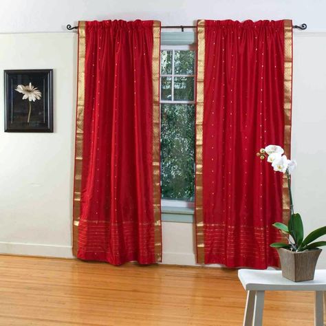 Saree Curtains, Indian Curtains, Indian Living Rooms, Fire Brick, Ethnic Home Decor, Drape Panel, Red Curtains, Home Curtains, Velvet Curtains