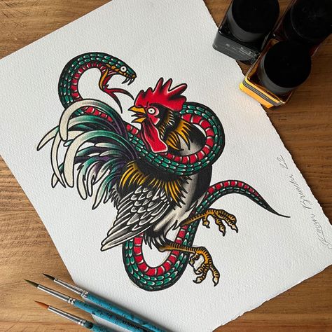 Rooster And Snake Tattoo, Rooster Snake Tattoo, Roster Tattoos Traditional, Rooster Tattoo Traditional, Traditional Rooster Tattoo, Traditional Tattoo Elbow, Tato Tradisional, Rooster Tattoo, Optical Illusion Tattoos