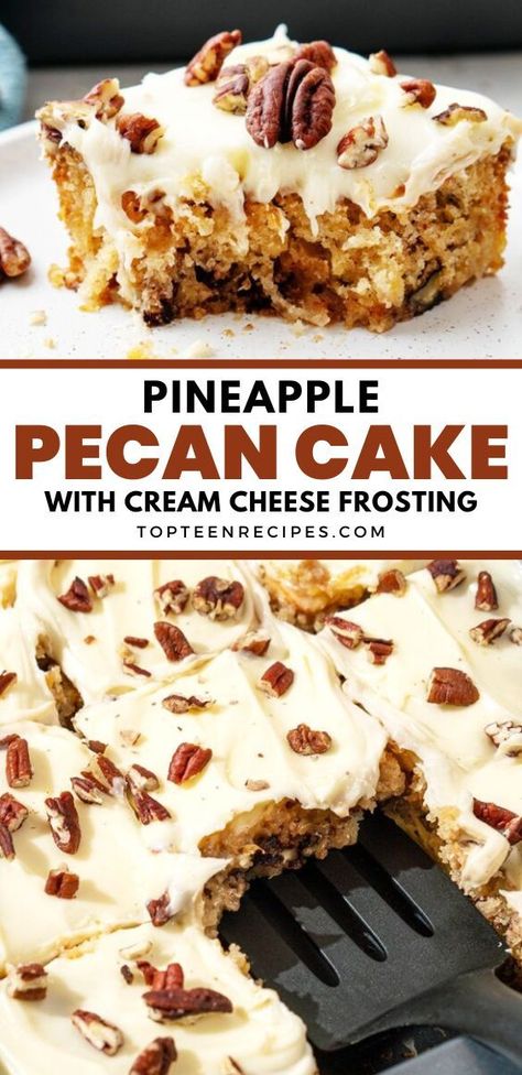 This Pineapple Pecan Cake with cream cheese frosting is incredibly moist and yummy! Crushed pineapples with juice, cinnamon, pecans, and vanilla extract give this cake a special tropical taste and aroma. Pineapple Pecan Cake, Pineapple Desert, Whip Recipes, Cake Pineapple, Cheesecake Frosting, Pineapple Dessert Recipes, Fast Desserts, Pineapple Desserts, Cinnamon Pecans