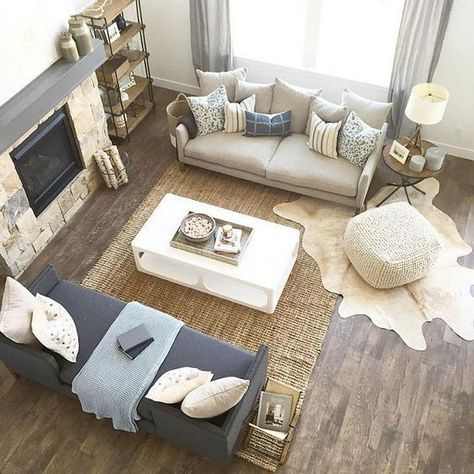 Layered natural area rug and cowhide rug Rustic Modern Farmhouse Living Room, Modern Farmhouse Living Room Furniture, Farmhouse Style Living Room Decor, Modern Farmhouse Living Room Decor, Farmhouse Living Room Furniture, Farmhouse Living Room Decor Ideas, Interior Design Minimalist, Rustic Farmhouse Living Room, Farmhouse Style Living Room