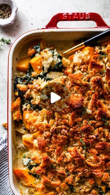 Jamie Vespa MS, RD on Instagram: "The ultimate savory Butternut Squash Casserole with Parmesan-creamed kale, nutty Gruyere cheese, and a toasted walnut-sourdough topping. This stunning side dish will be the hit of your next holiday gathering. Here’s what you need: ▢ extra-virgin oive oil ▢ yellow onion, finely chopped ▢ garlic cloves, minced ▢ lacinato kale, chopped ▢ heavy cream ▢ grated Parmesan cheese ▢ Dijon mustard ▢ fresh thyme leaves ▢ peeled and cubed butternut squash ▢ shredded Gruyere or gouda cheese ▢ torn sourdough bread ▢ chopped walnuts Click the link in my bio to access the full recipe! . . #dishingouthealth #thanksgiving #thanksgivingrecipes #casserolerecipe #sidedish #holidayrecipes" Cubed Butternut Squash, Lacinato Kale, Savory Butternut Squash, Butternut Squash Casserole, Creamed Kale, Ceramic Baking Dish, Squash Casserole, Roasted Squash, Gruyere Cheese