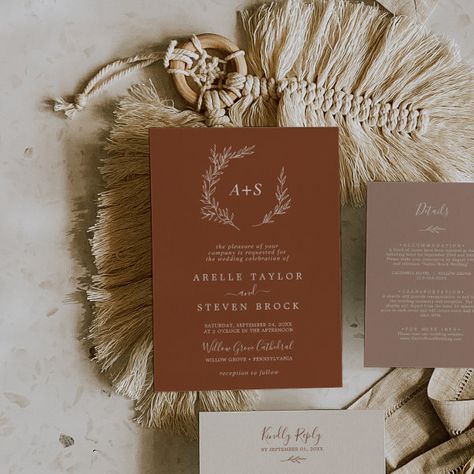 Minimal Leaf | Terracotta Formal Monogram Wedding Invitation Fall Desert, Whimsical Minimalist, Terracotta Wedding Invitation, Minimalist Leaves, Bohemian Autumn, Bold Wedding Invitations, Popular Wedding Invitations, Watercolor Geometric, Terracotta Wedding