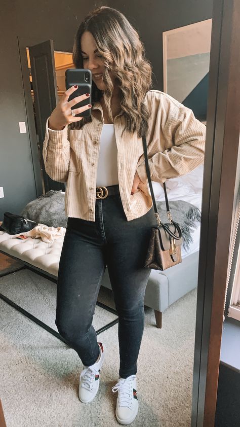 Cute Assistant Outfits, Tan Jean Jacket Outfit, Business Casual Outfits Midsize Women, Vegas Winter Outfit Ideas, Hairstylist Outfits, Chucks Outfit, Corduroy Outfit, Mom Ootd, Curvy Casual Outfits