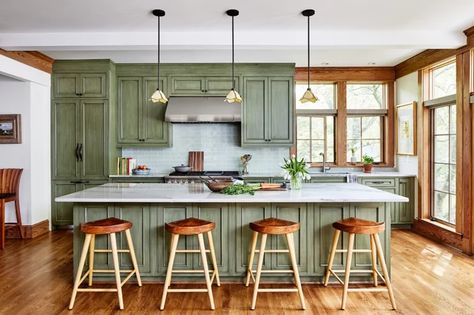 Distressed Green Cabinets Bring Weathered Charm to a New Kitchen Shabby Chic Kitchen Ideas, Chic Kitchen Ideas, Shabby Chic Kitchen Cabinets, Melanie Turner Interiors, Modern Shabby Chic, Latest Kitchen Designs, Craftsman Kitchen, Green Kitchen Cabinets, Kitchen Design Trends