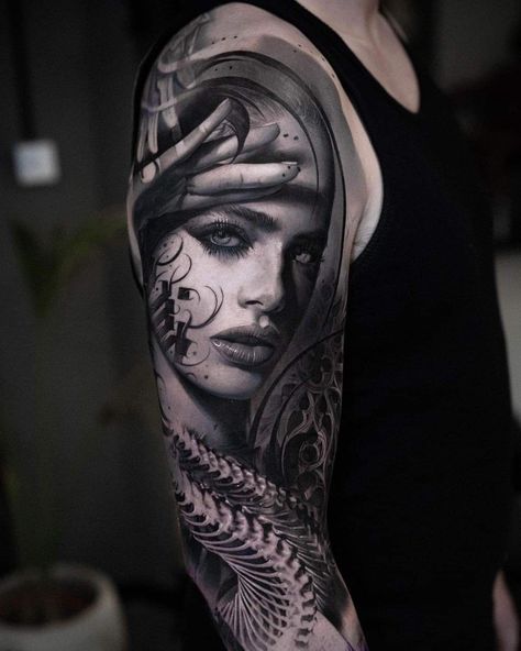 Black And White Realism Tattoo Ideas, Black And White Realism Tattoo Sleeve, Realism Black And Gray Tattoo Design, Black And Grey Realism Tattoo, Tattoos Realism, Trap Tattoos For Women, Black And Gray Woman Face Tattoo, Gray Tattoo, Hyper Realistic Tattoo