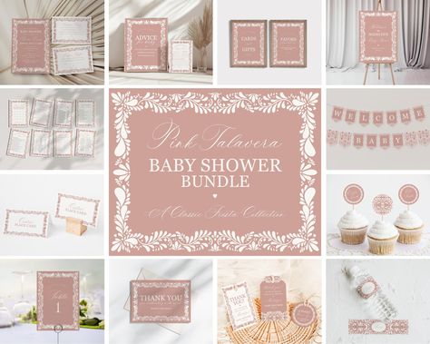 Pink Talavera Baby Shower Printable Bundle, Spanish Mexican Baby Shower Fiesta for Girl, Rose Cielito Lindo Baby Sprinkle WP1017 Pink Talavera, Pink Floral Border, Mexican Baby Shower, Mexican Babies, Intimate Gathering, Mexican Talavera Tile, Baby Word Scramble, Talavera Tile, Baby Bingo