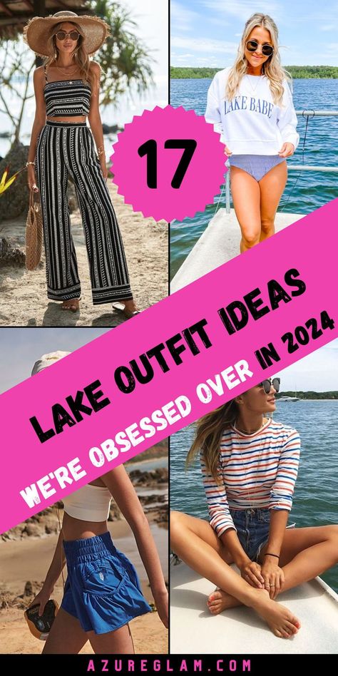 Make waves with your style at the lake with our selection of 17 vibrant lake outfit ideas for 2024. From trendy swimwear to stylish cover-ups and accessories, our curated collection has everything you need to stay fashion-forward by the water. Whether you're soaking up the sun or enjoying water sports, our chic ensembles will keep you looking and feeling cool all summer long. Dive into fashion with our vibrant lake attire! Lake Looks For Women, Lake Style Outfit, Cold Boat Day Outfit, Lake Outfits For Women, Lake Outfit Summer Casual, Lake House Outfits Summer, Camping Summer Outfits, Lake Outfit Ideas, Summer Lake Outfits